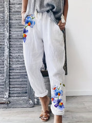  Floral Print Elastic Trousers Pockets