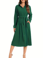 Button Belted Shirt Dress With Pocket Long Sleeve Dress