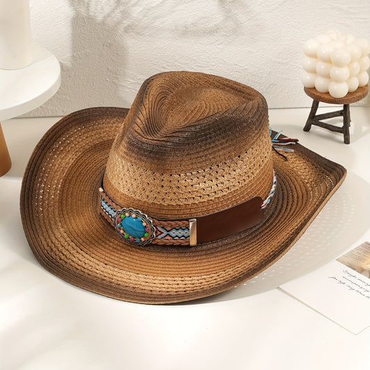 Vintage Western Cowboy Hat Boho Belt Decor Jazz Straw Hat Gradient