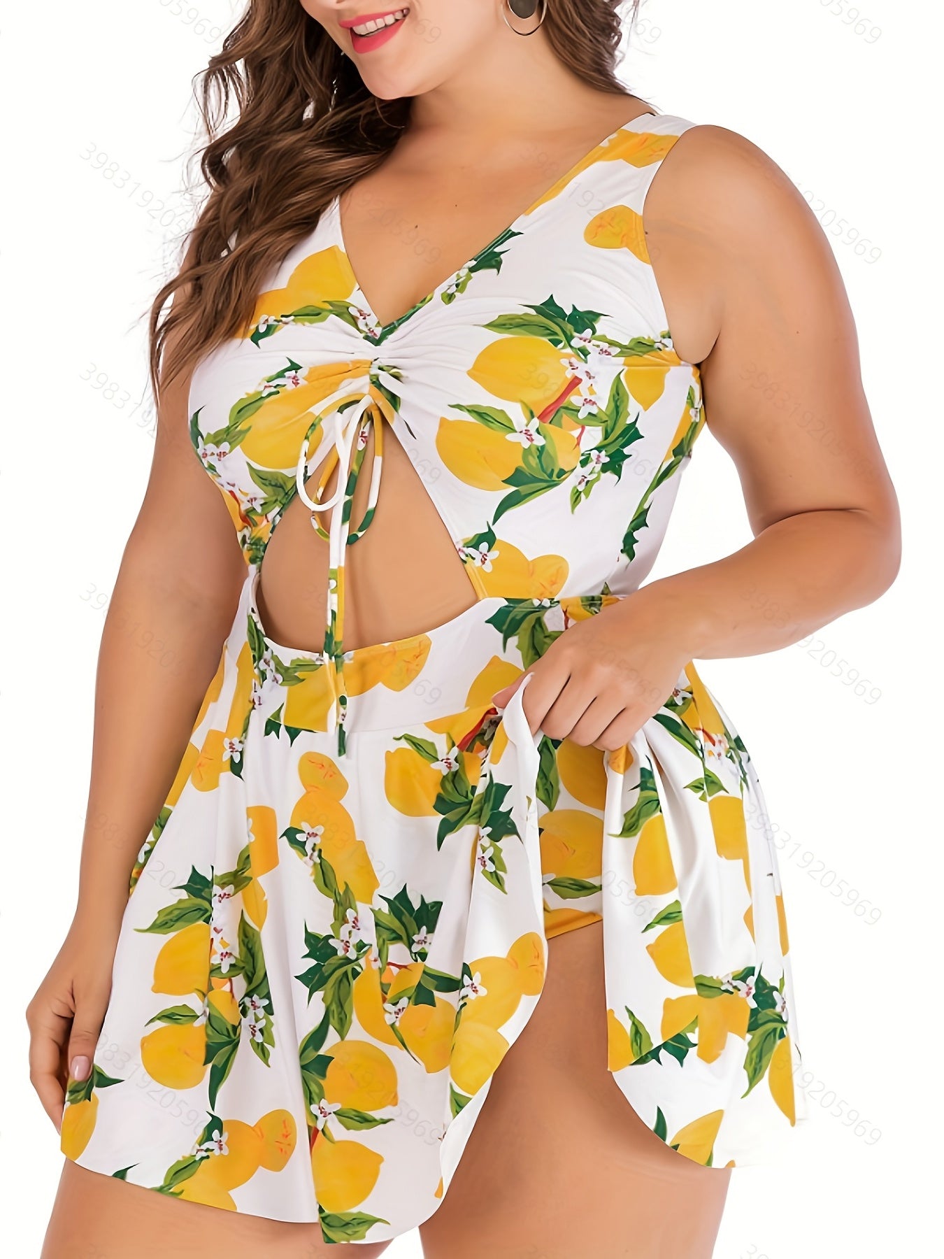  Lemon Print Cut Out Tankini Set