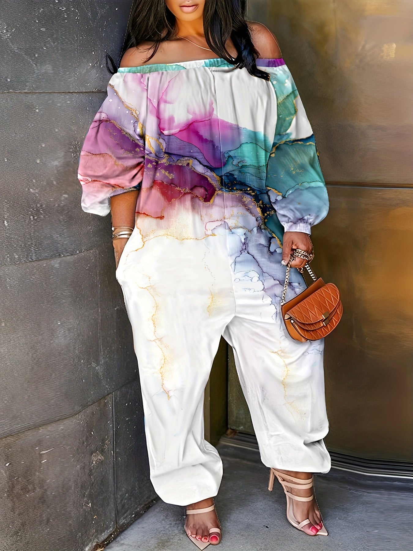  Marble Print Off Shoulder Lantern Sleeve Jumpsuit