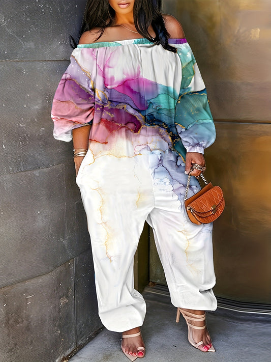  Marble Print Off Shoulder Lantern Sleeve Jumpsuit