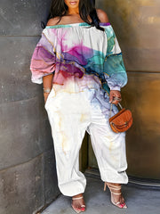  Marble Print Off Shoulder Lantern Sleeve Jumpsuit