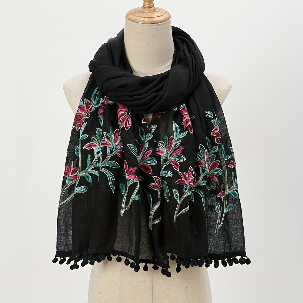 Leaf Embroidery Vintage Scarf Boho Tassel Shawl Solid Windproof Warm Wraps