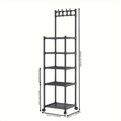 5 Layer Kitchen Storage Rack with Pulleys & Hooks Standing Rack