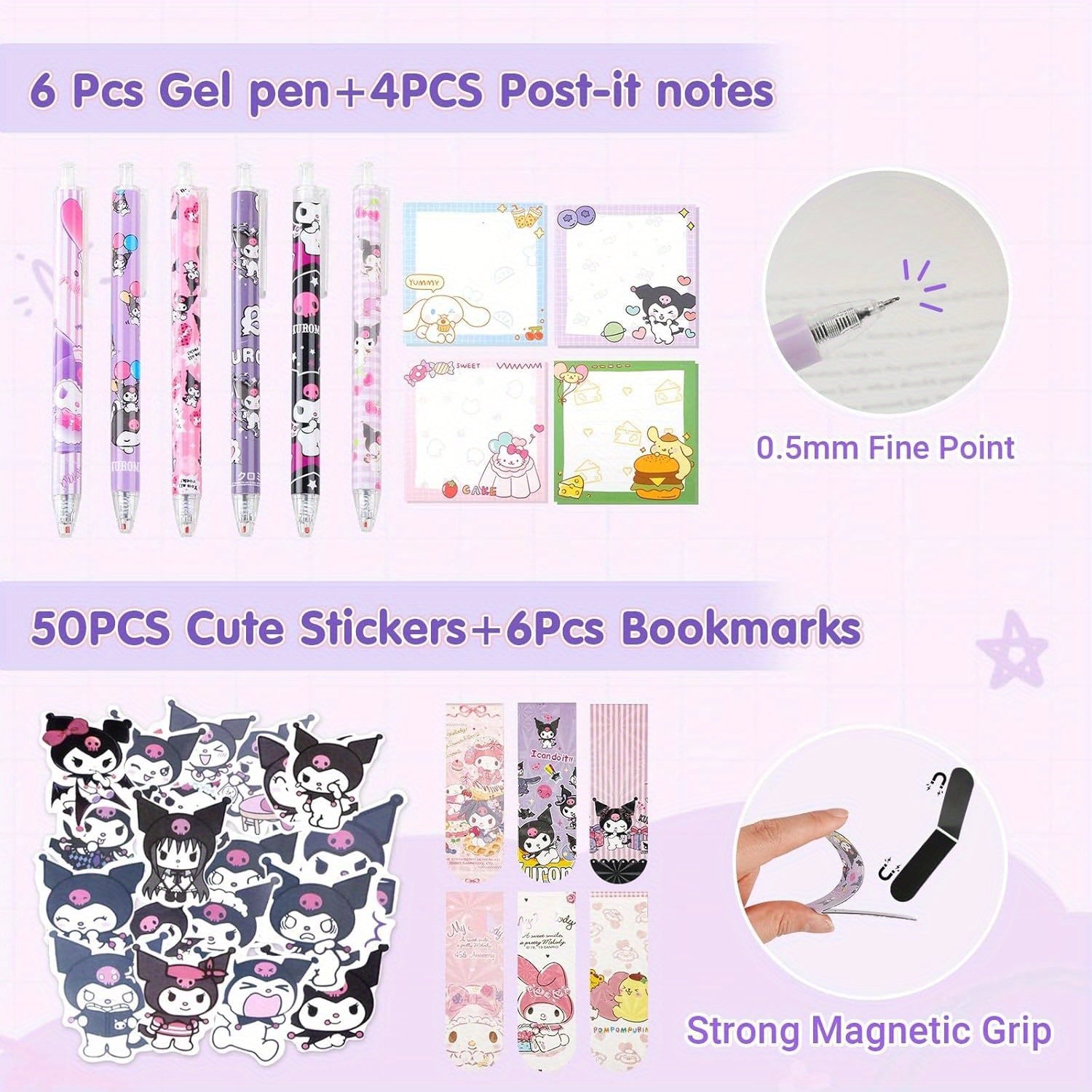 Kuromi Stationery Set: Fountain Pen, Pencil Case, Erasers, Sticky Note