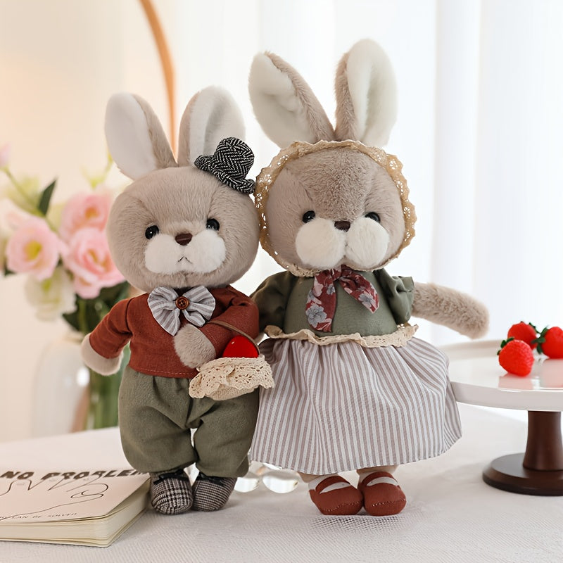 Couple Rabbit Plush Toys Stuffed Animals Red & White Outfits Bunny Ears Bow Tie