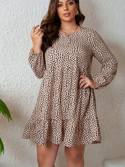  Dot Print Lantern Sleeve Round Neck Dress