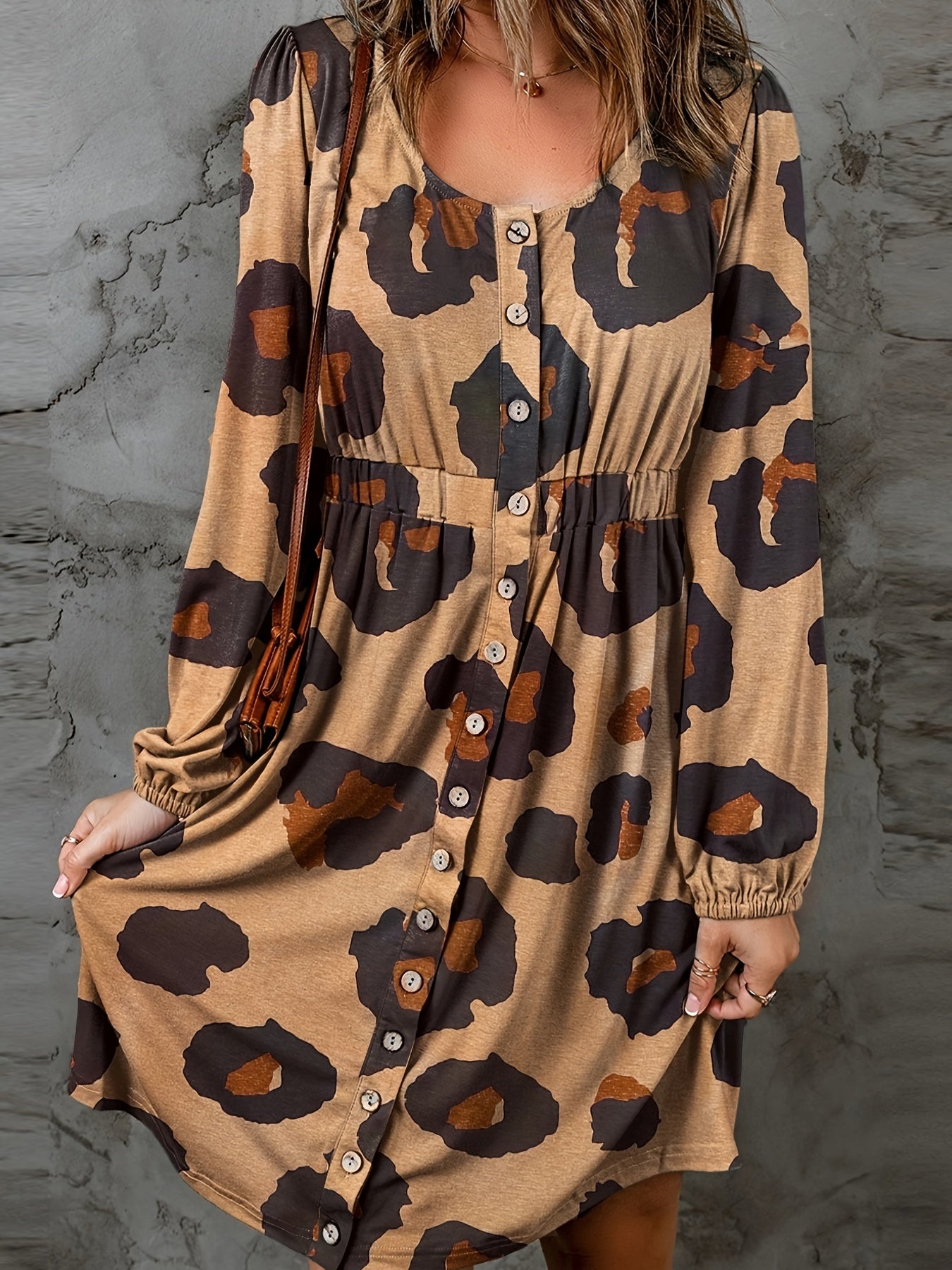 Women's Plus Leopard Print Lantern Sleeve Round Neck Casual Dress