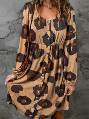 Women's Plus Leopard Print Lantern Sleeve Round Neck Casual Dress