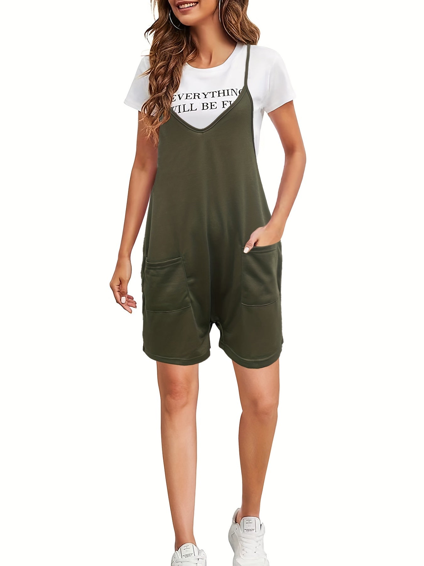 Solid Patched Pockets Jumpsuit Casual Loose V neck Jumpsuit