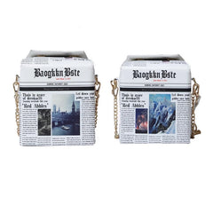 63HC Women Chain Crossbody Bag Leather Shoulder Bags Novelty Newspaper Handbags