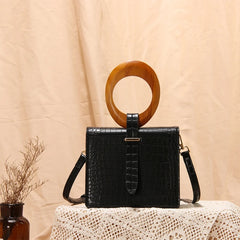 Crocodile Pattern Square Crossbody Bag with Wood Handle for Ladies