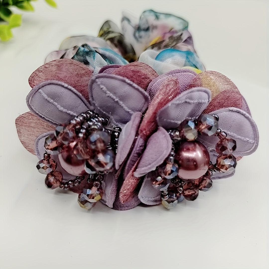 Beaded Flower Scrunchies Organza Hair Tie Colorful Hair Rope Faux Pearl Hair Rin