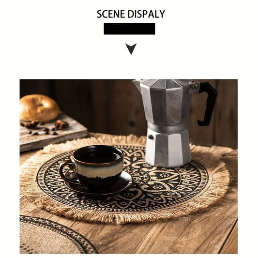 2PCS Boho Placemat Round Woven Vintage Jute Tassel Wall Decoration Mat