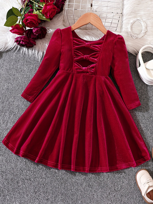 Girls Vintage Velvet Dress Back Bowknot Long Sleeve Party