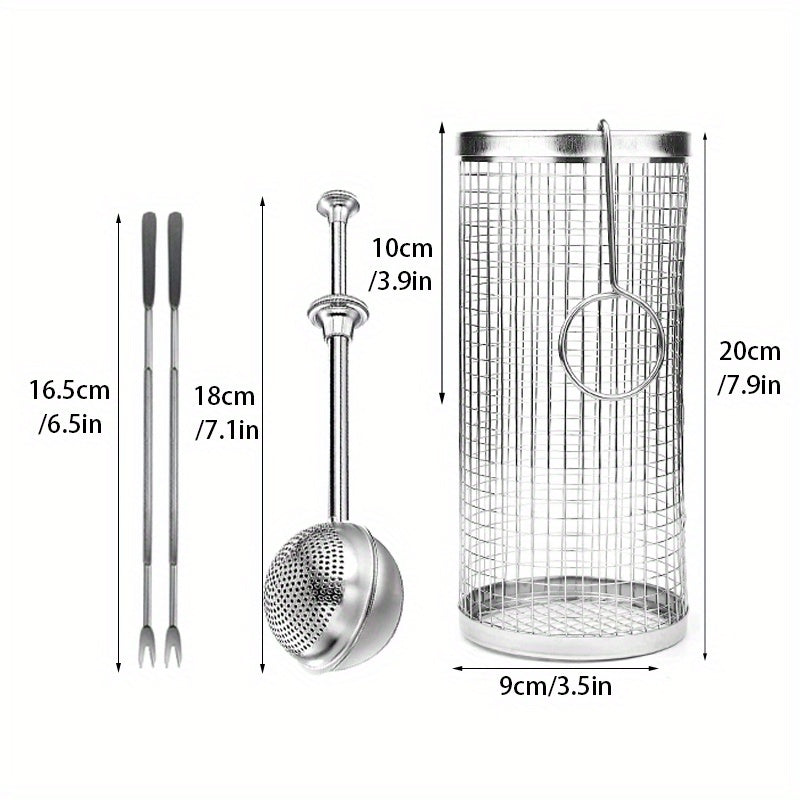 5pcs Stainless Steel BBQ Cage Grill Cage Seasoning Filter BBQ Fork