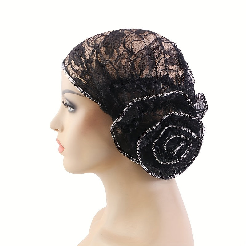 Plate Flower Lace Turban Cap Solid Head Wrap Elastic Hijab Cap