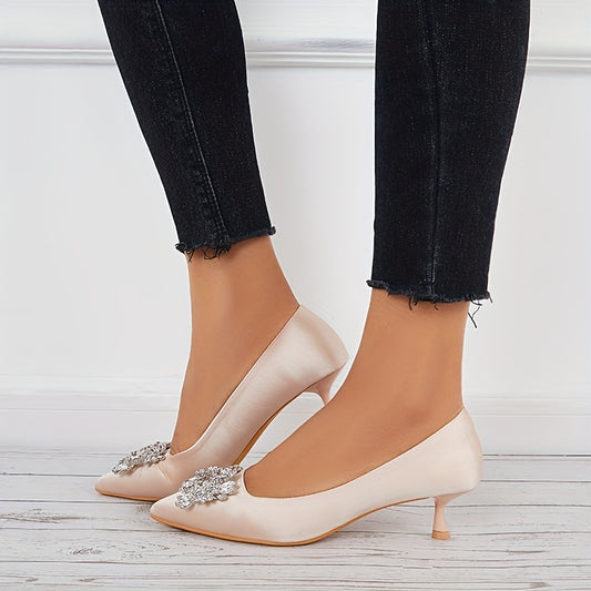 Women's Satin Kitten Heels Rhinestone Slip On Low Heels