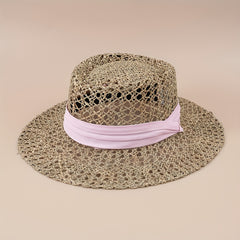 Flat Top Summer Sun Hat Hollow Straw Hat British Jazz Fedora Cap