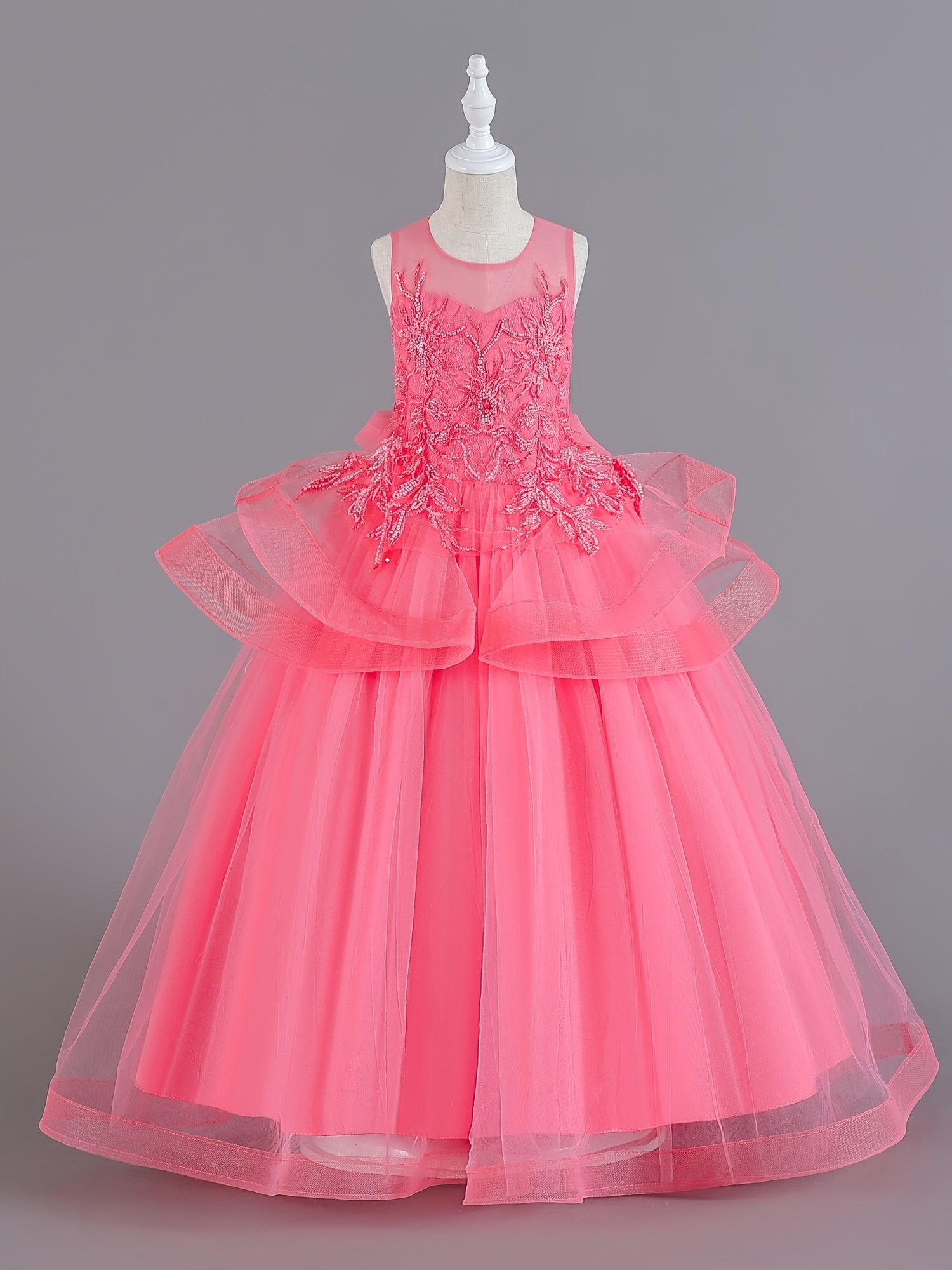 Girls Ruffled Mesh Embroidered Princess Dress Sleeveless Dress