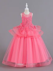 Girls Ruffled Mesh Embroidered Princess Dress Sleeveless Dress