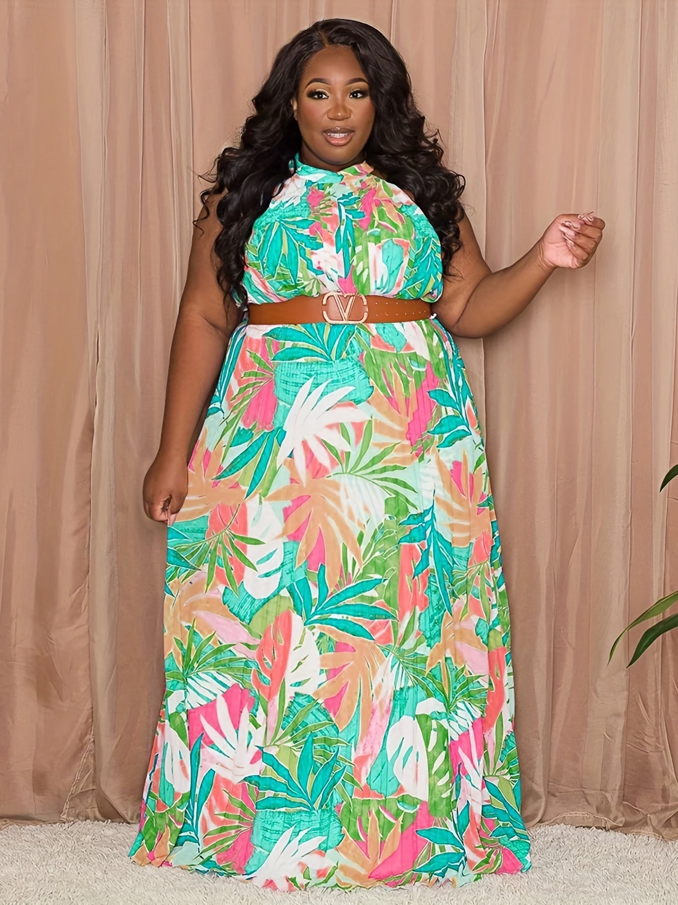  Tropical Print Halter Maxi Dress