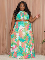  Tropical Print Halter Maxi Dress
