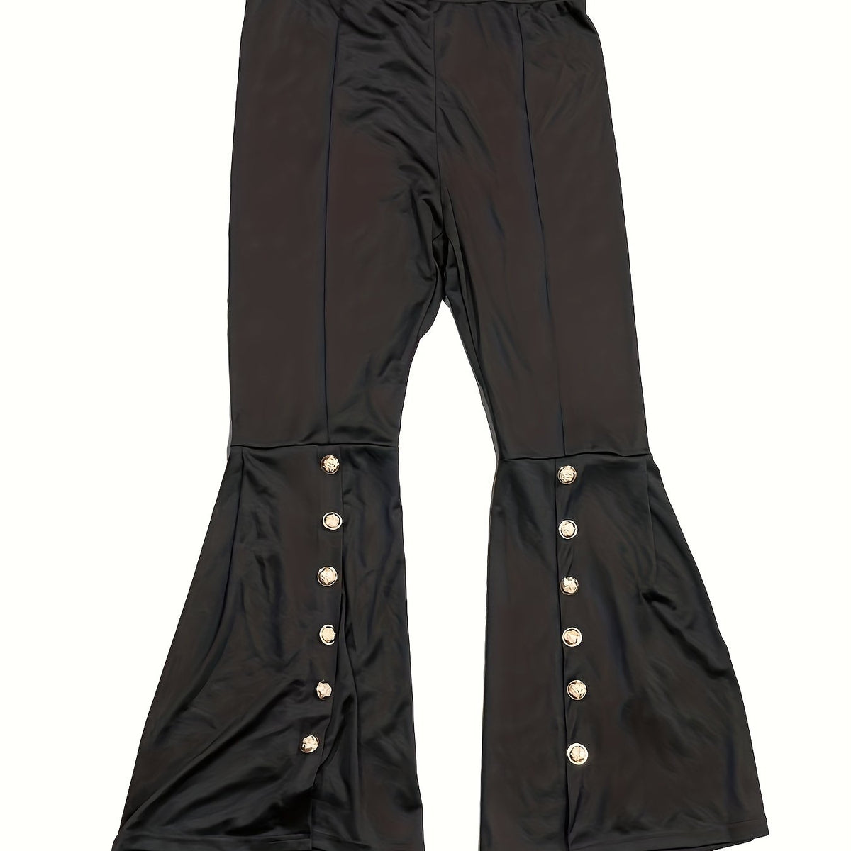  Flared Leg Trousers Button Decor Elastic High Rise Casual Pants