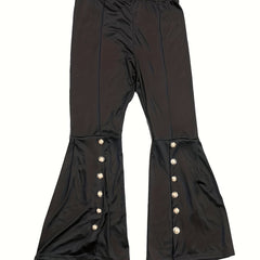  Flared Leg Trousers Button Decor Elastic High Rise Casual Pants