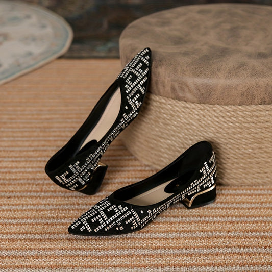 Women's Rhinestone Pointed Toe Slip On Shoes Low Heel Dress Shoes
