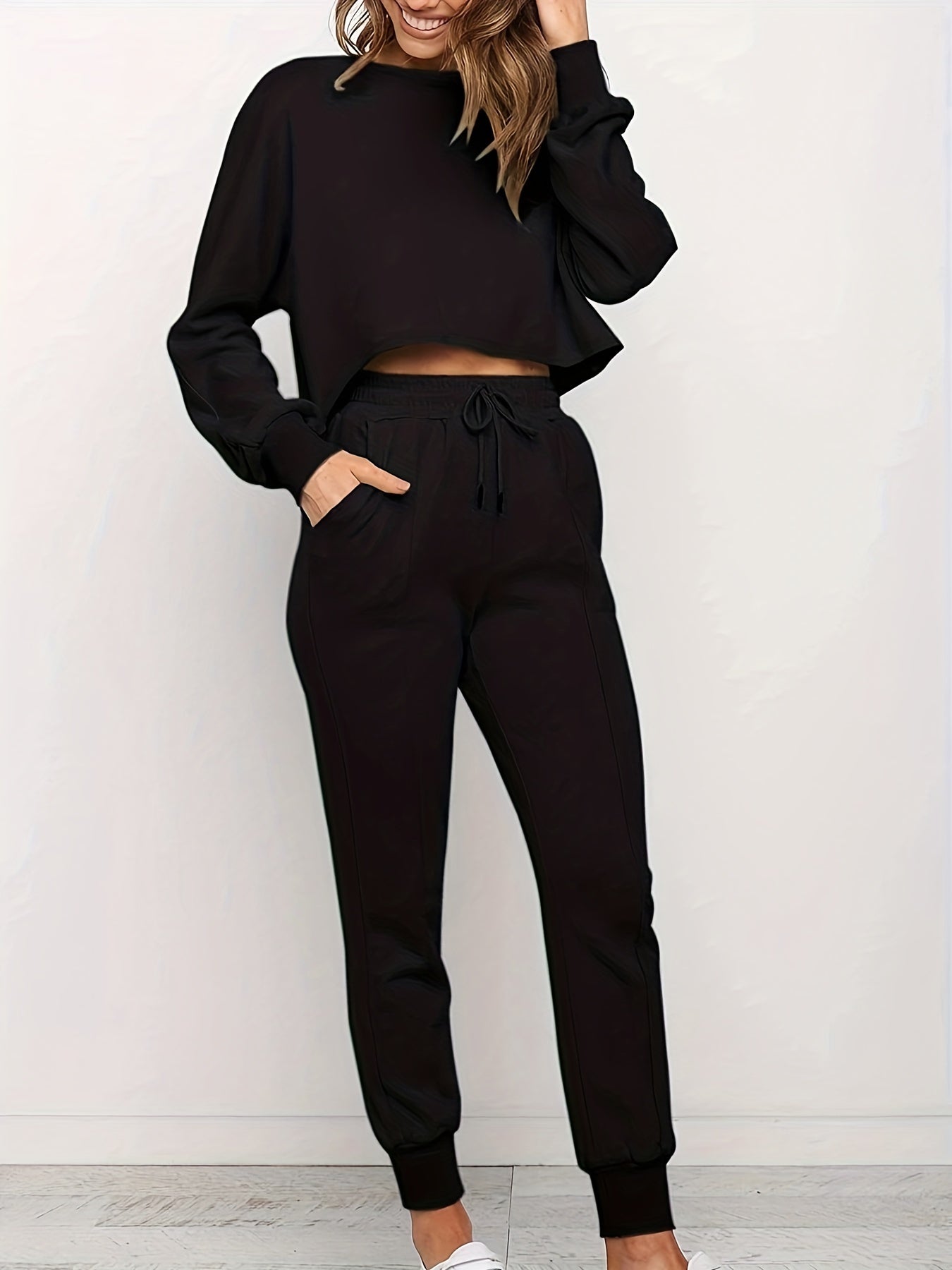 Plus Size Solid Long Sleeve Crop Top & Pants Set