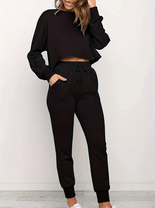 Plus Size Solid Long Sleeve Crop Top & Pants Set