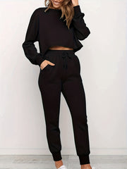 Plus Size Solid Long Sleeve Crop Top & Pants Set