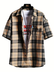 Plaid Print Men's Casual Short Sleeve Shirt With Pocket for Summer