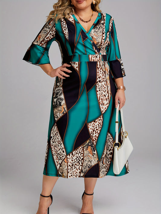  Colorblock Leopard Print Surplice Neck Dress