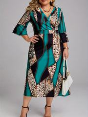  Colorblock Leopard Print Surplice Neck Dress