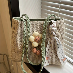 Large Capacity Straw Tote Bag with Woven Handle & Scarf Decor