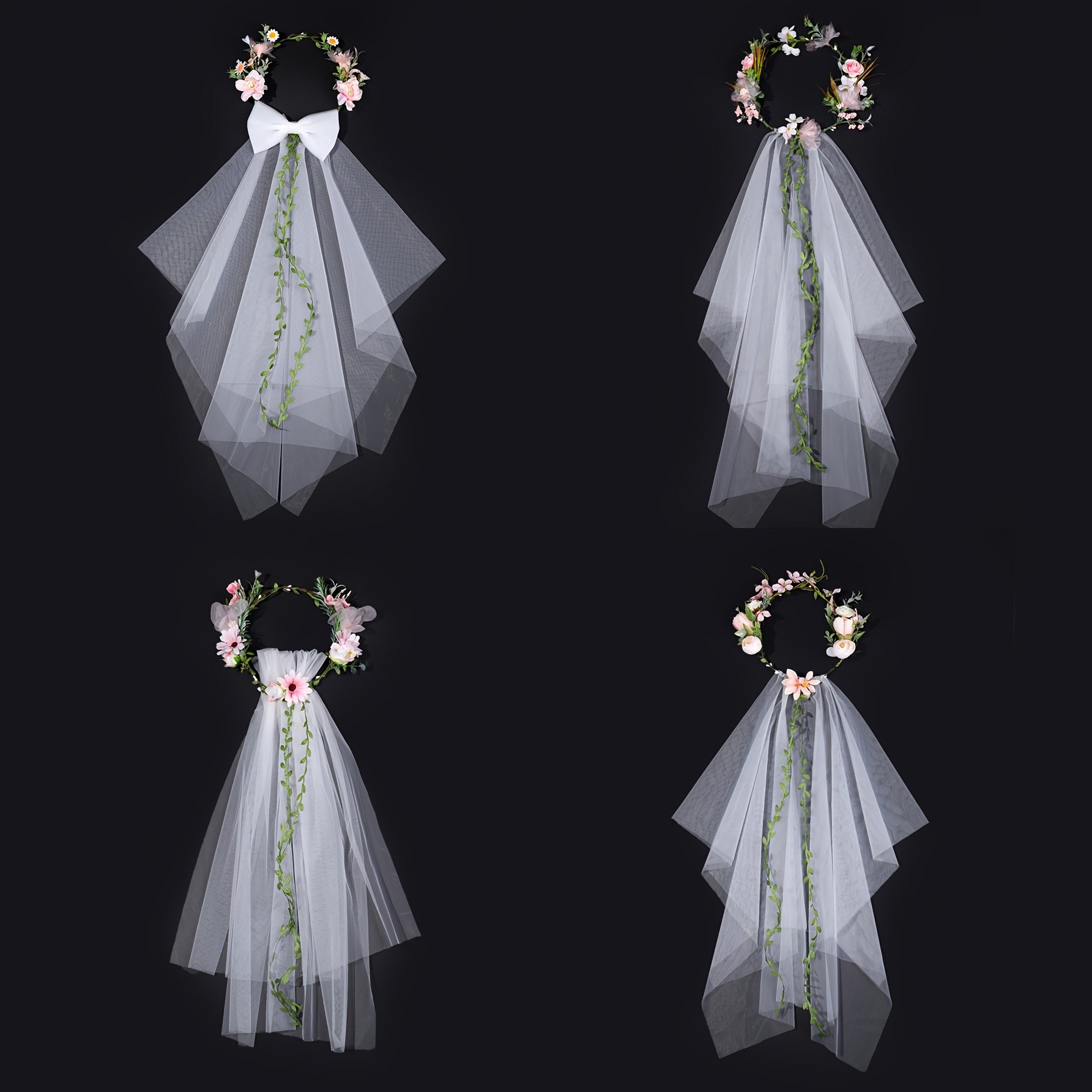 Romantic Pink Floral Bridal Veil with Crown