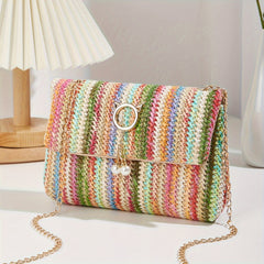 Boho Mini Shoulder Bag Colorful Striped Weave & Chain Strap