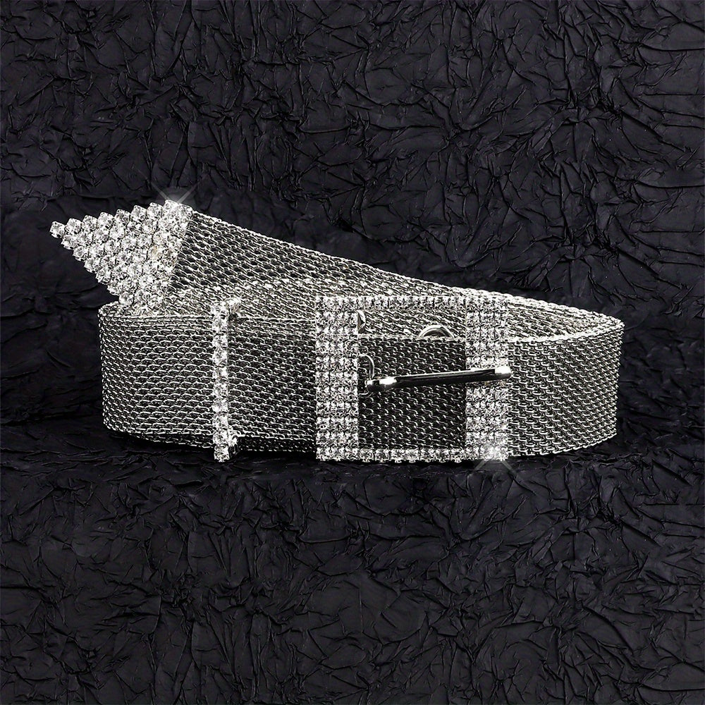 Metal Net Hollow Punk Belt with Rhinestone Buckle