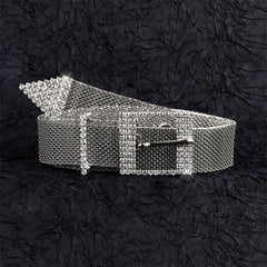 Metal Net Hollow Punk Belt with Rhinestone Buckle