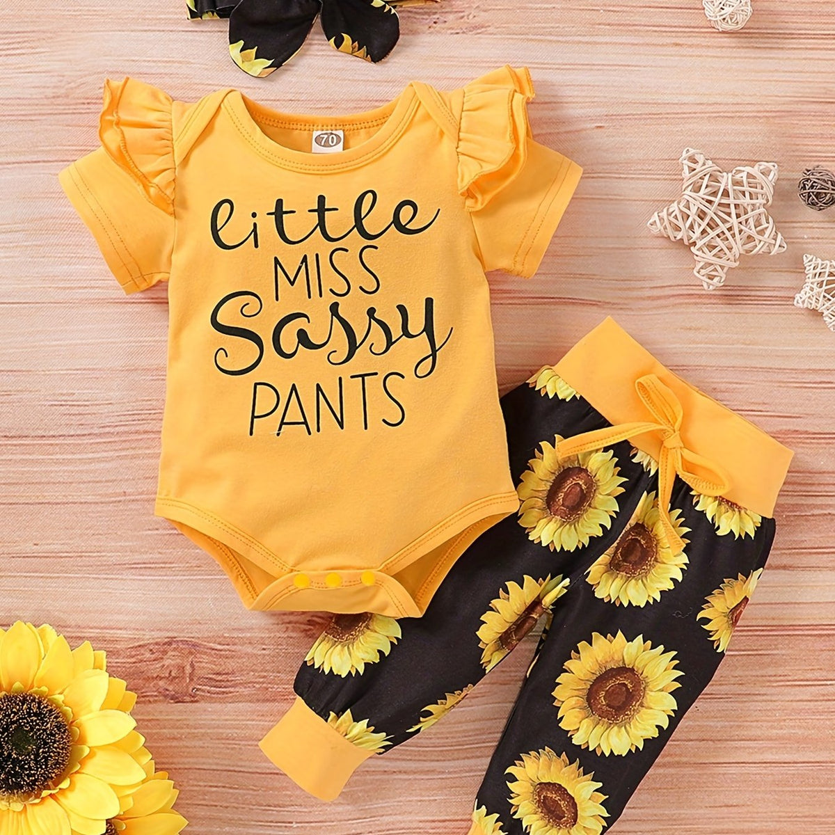 3pcs Little Miss Print Romper Sunflower Pants Set for Baby Girls