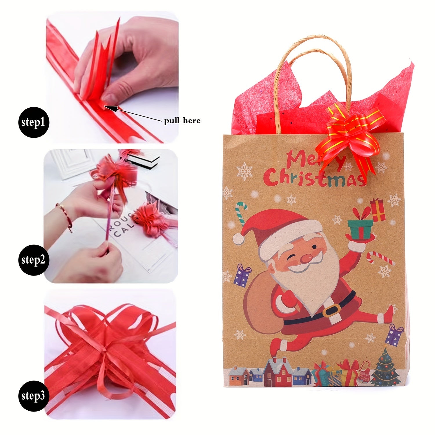 Christmas Gift Bag Set Large Medium Small 8 Paper Wrappers 8 Ribbon Bows