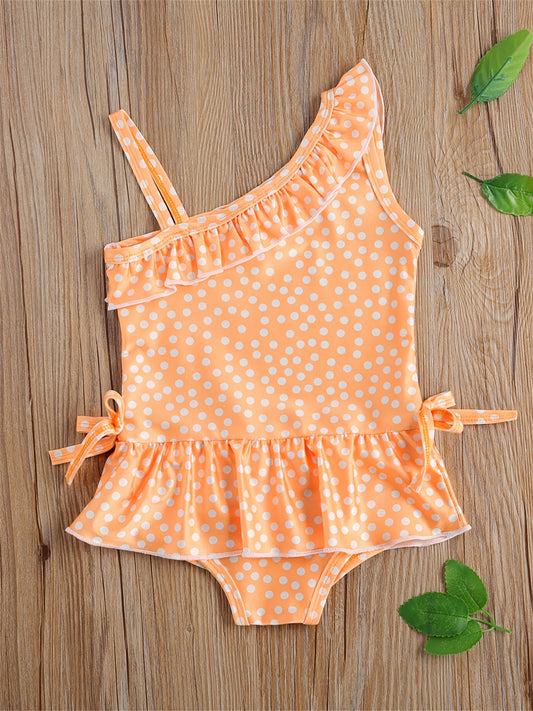 Toddler Girls Polka Dot Ruffle Trim One Piece Swimsuit