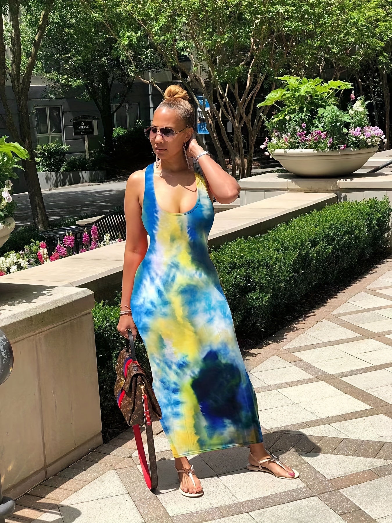  Tie Dye Maxi Dress Scoop Neck Medium Stretch Slim Fit
