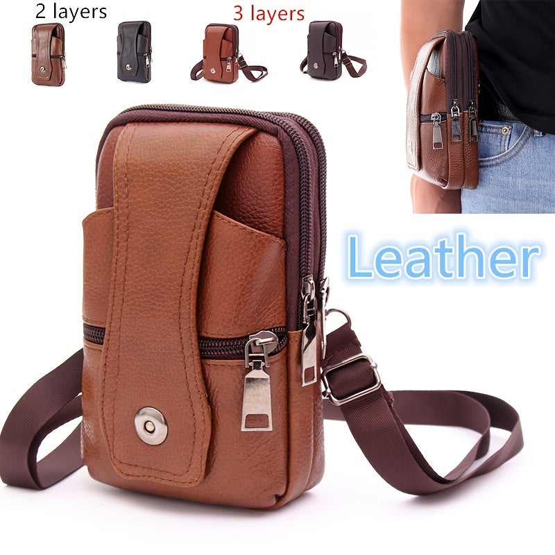 Men's PU Leather Fanny Pack Multifunctional Large Capacity Brown Shoulder Bag