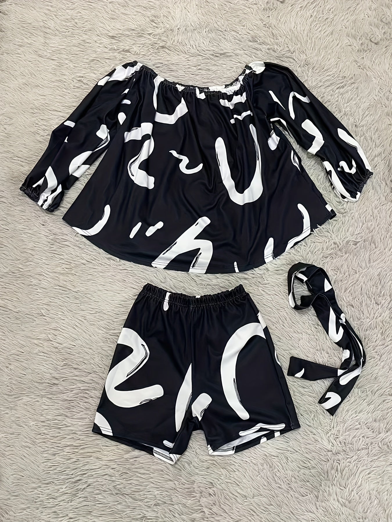 Geometric Print Front Tie Two Pieces Set Off Shoulder Tie Waist Blouse & Shorts