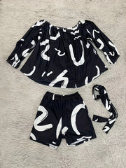 Geometric Print Front Tie Two Pieces Set Off Shoulder Tie Waist Blouse & Shorts