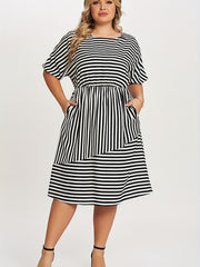  Stripe Print Short Sleeve Midi Dress With Pockets